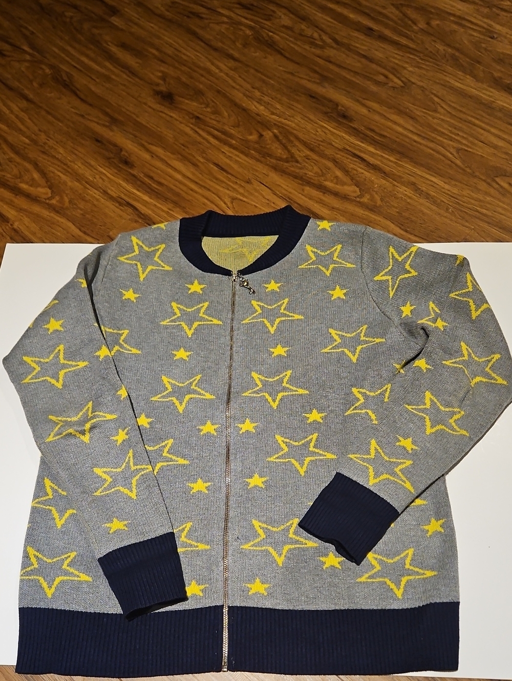 Grey Star-Print Zip Knit Bomber Sweater with Yellow Accents-S